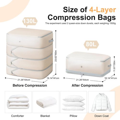 Comforter Storage Bag | Skiennix 130L Large Capacity Washable Compression Organizer - 2-Pack, Beige