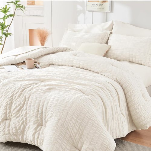 HYMOKEGE Ivory California King Comforter Set - 7-Piece All-Season Luxury Bedding Collection
