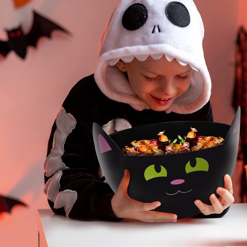 Zcaukya Halloween Party Supplies - Set of 3 Plastic Trick or Treat Candy Bowls, Cat Shaped Serving Bowls in Orange, Purple, Black for Parties