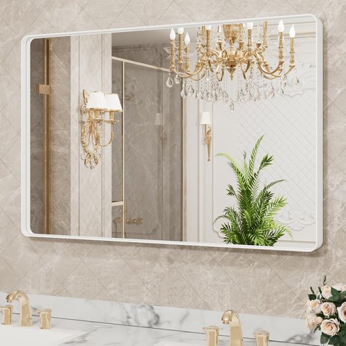 LOAAO White Metal Framed Bathroom Mirror - Large 40x30 Inch Rounded Rectangle | Anti-Rust Tempered Glass