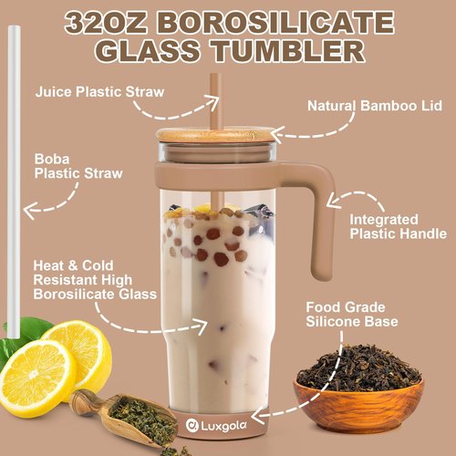 Luxgola 32 oz Glass Tumbler with Handle, Iced Coffee Cup with Bamboo Lid and Straws, Reusable Clear Glass Water Cup With Silicone Bumper - Fits in Car Cup Holder, Dishwasher Safe, BPA Free - Khaki