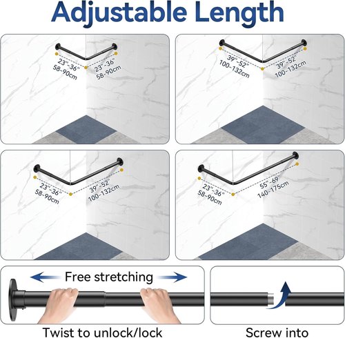 Adjustable L-Shaped Shower Curtain Rod by [Brand Name] | Durable 304 Stainless Steel | 23''-69'' Size, Black