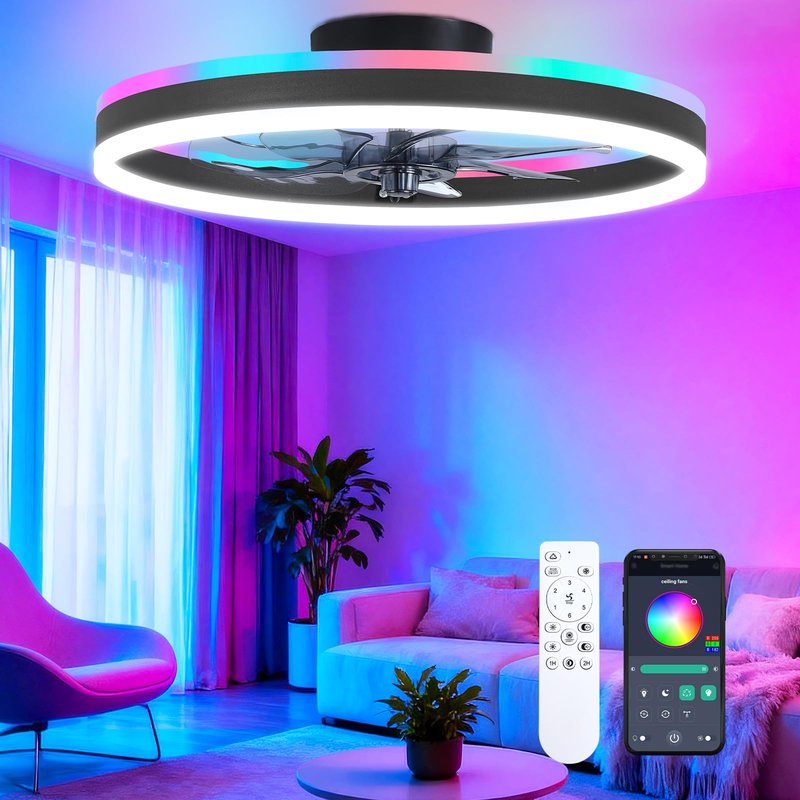ORITHAM RGB Ceiling Fans with Lights, 16" Fandelier Low Profile Ceiling Fan with Light, Modern Flush Mount Ceiling Fan Light with Remote/APP Control, Bedroom Chandelier Fan Fixture for Indoor(Black)