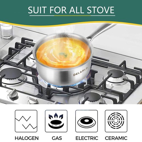 DELARLO Tri-Ply Stainless Steel Induction Saucepan, 1.5 QT with Lid, All Stove Compatible 600, Small Pots for Cooking, Heavy Duty Saucier, Dishwasher Safe