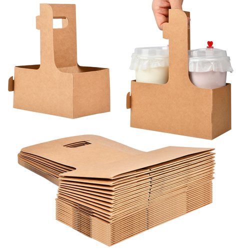 2 Cup Disposable Drink Carrier with Handle, Supkiir Kraft Paperboard Cup Holder for Hot or Cold Drinks, to Go Coffee Cup Holder for Food Delivery Service (20, Kraft)