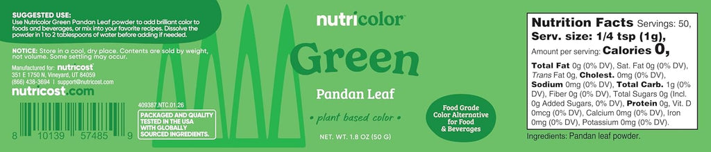 Nutricost Green Plant-Based Food Coloring | Natural Pandan Leaf Powder - 50 Servings
