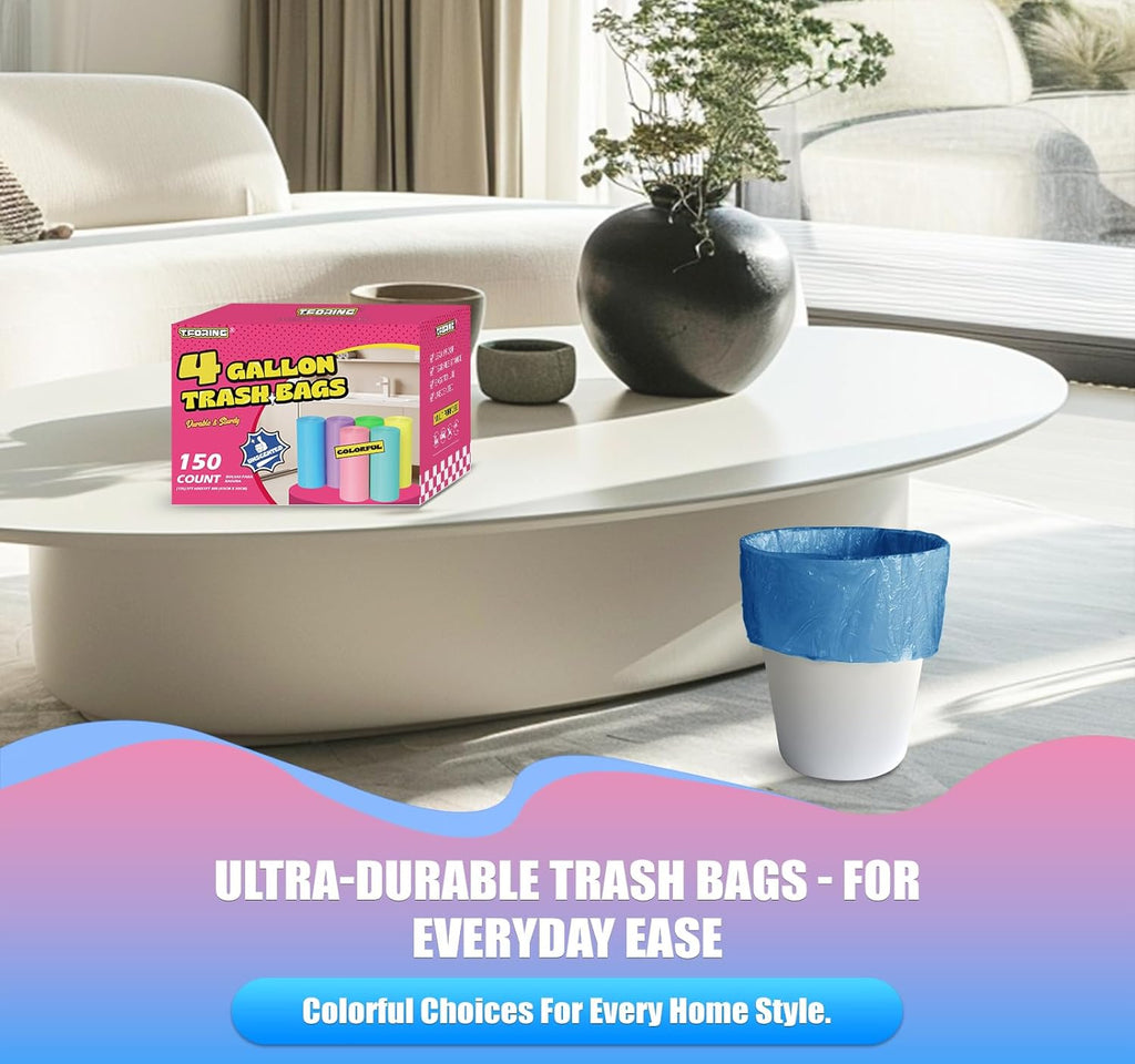 Skiennix 150 Count Small Trash Bags - Unscented Leak-Proof 4 Gallon Bathroom Can Liners | Ideal for Office & Car