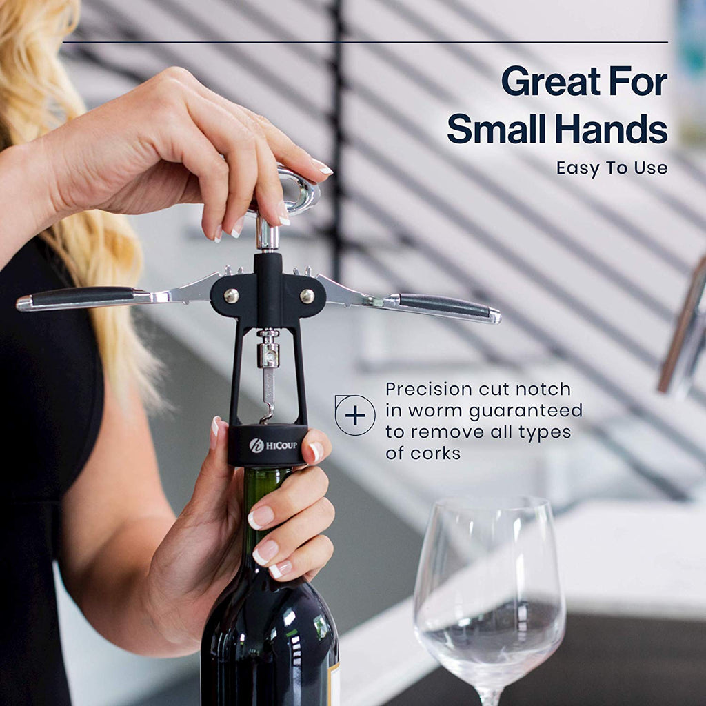 HiCoup Corkscrew Wine Opener - Ergonomic, Double Winged Beer and Wine Bottle Openers - Easy to Use, Stainless-Steel Corkscrews with Stopper & Gift Box - Kitchen Accessories - Matte Black