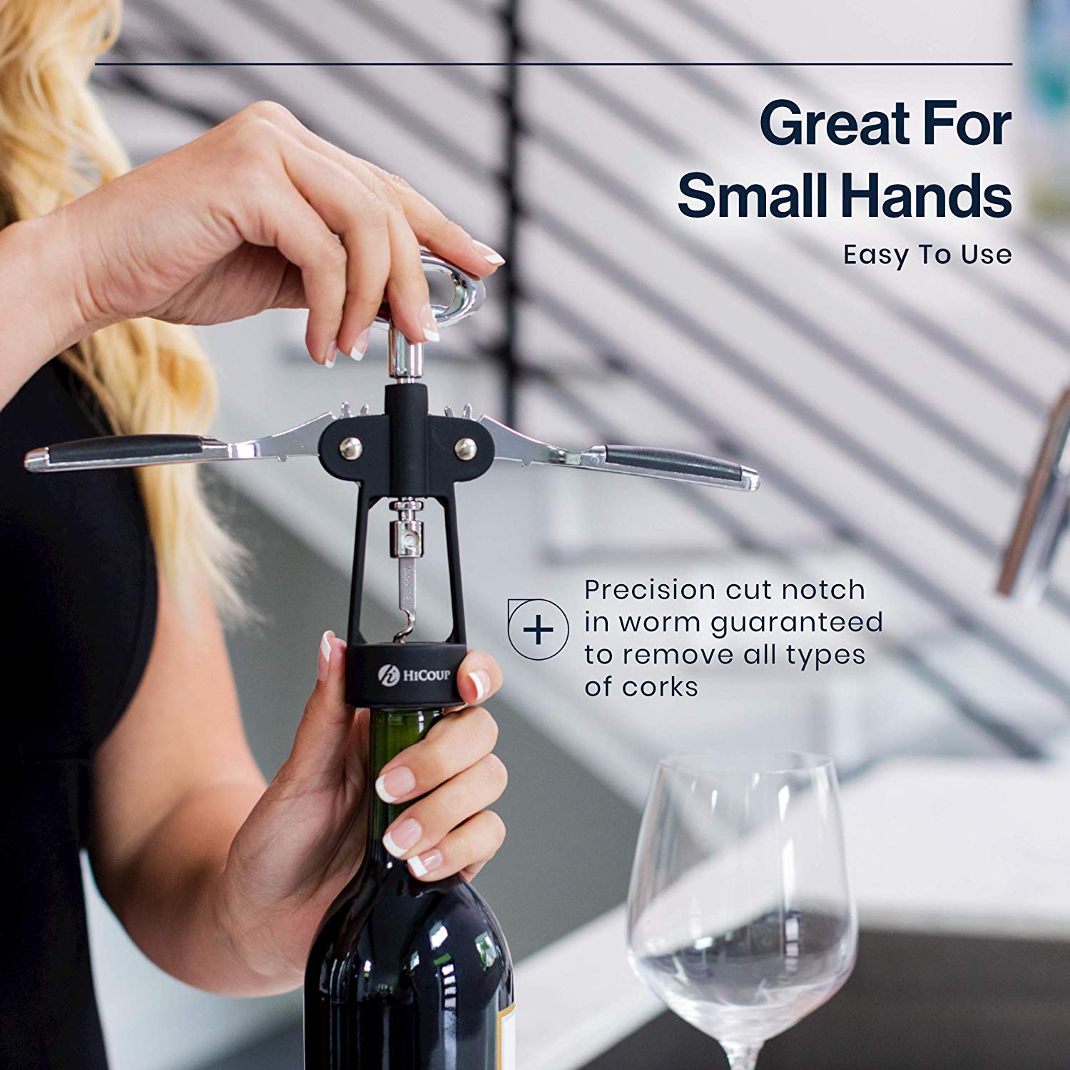 HiCoup Corkscrew Wine Opener - Ergonomic, Double Winged Beer and Wine Bottle Openers - Easy to Use, Stainless-Steel Corkscrews with Stopper & Gift Box - Kitchen Accessories - Matte Black