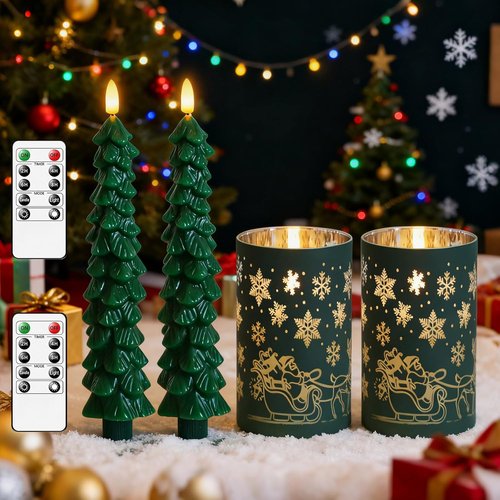 Lezonic Flameless Christmas Candles - Remote-Controlled Green Tree Flickering LED Set of 4