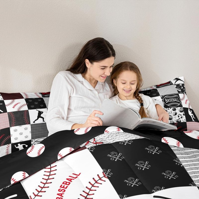 Erosebridal Twin Kids Baseball Comforter Set Softball Bedding Set Sports Game Quilted Comforter for Kids Patchwork Down Comforter Baseball Gift Duvet Insert 2pcs, Red Black Gray,Twin
