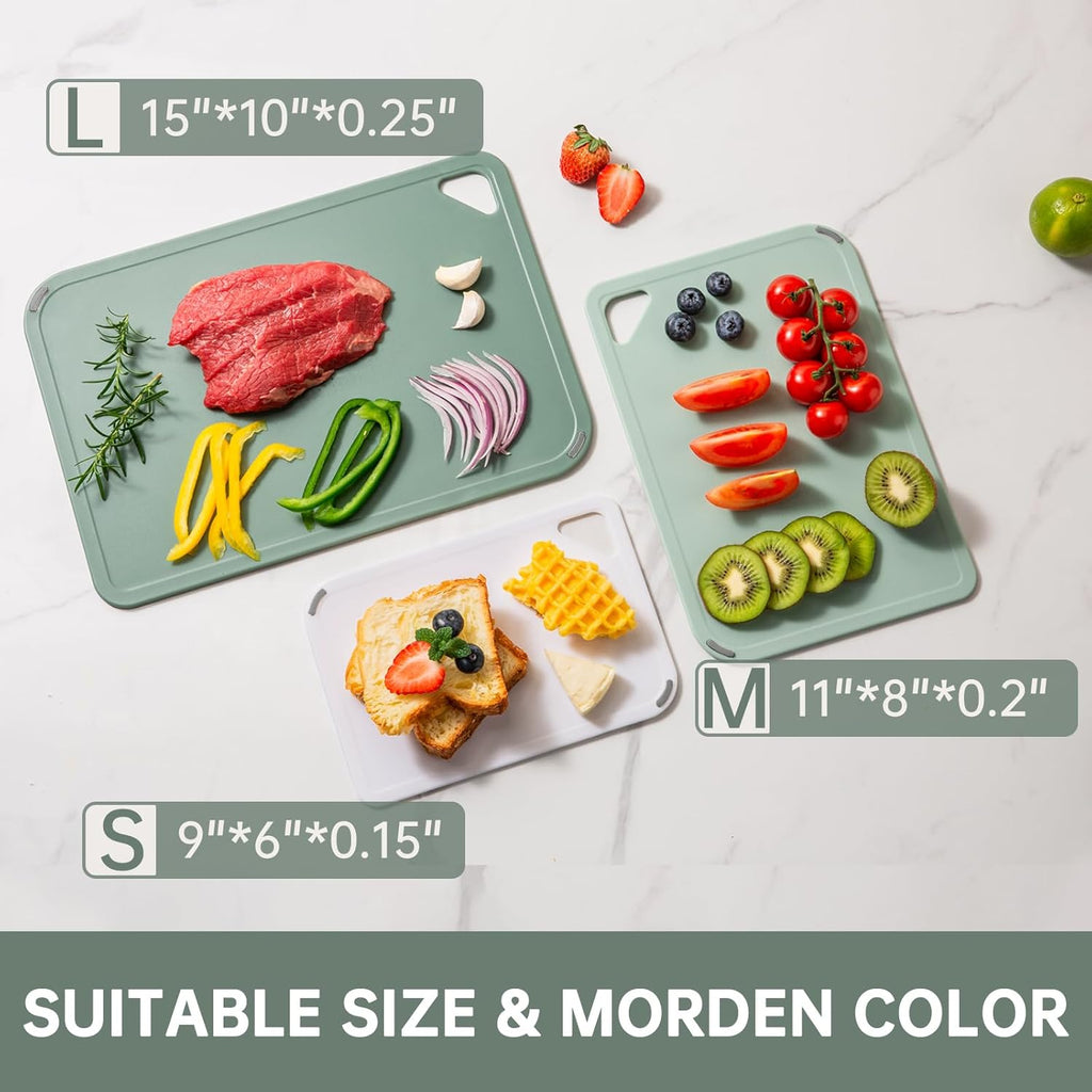 THETCHRY Plastic Cutting Board Set - BPA-Free Non-Slip Chopping Boards for Kitchen | 3 Sizes, 15"×10"×0.25" Green