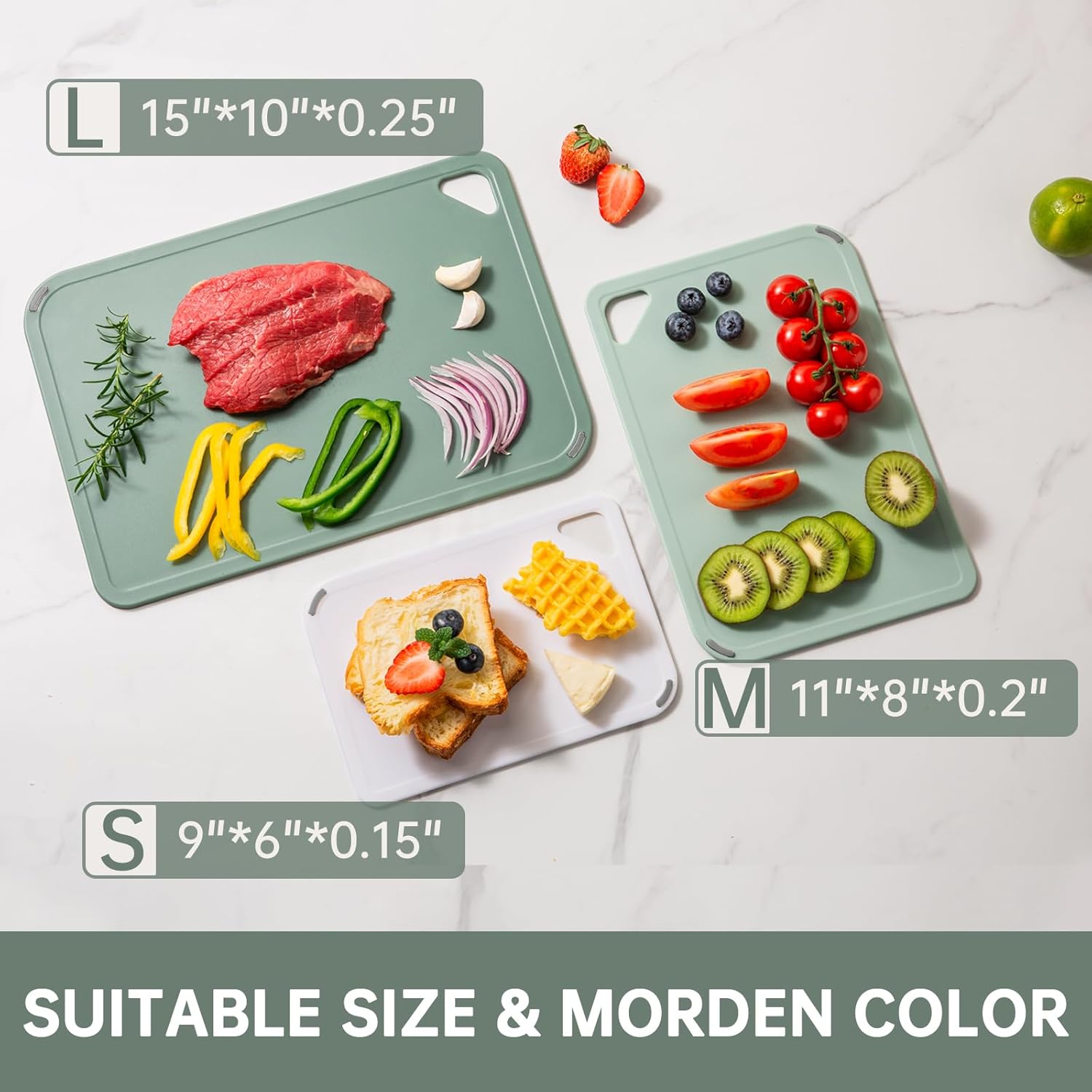 THETCHRY Plastic Cutting Board Set - BPA-Free Non-Slip Chopping Boards for Kitchen | 3 Sizes, 15"×10"×0.25" Green