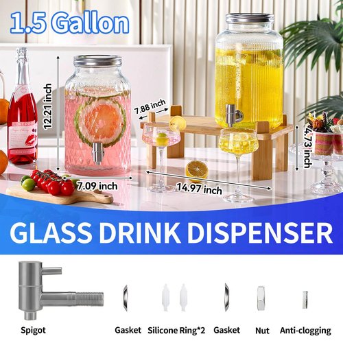 2 PCS Glass Drink Dispenser Set 1.5 Gallon With Stand, Spigot, Large Water Drink Dispensers for Parties for Lemonade, Juice, and Wedding, Bars