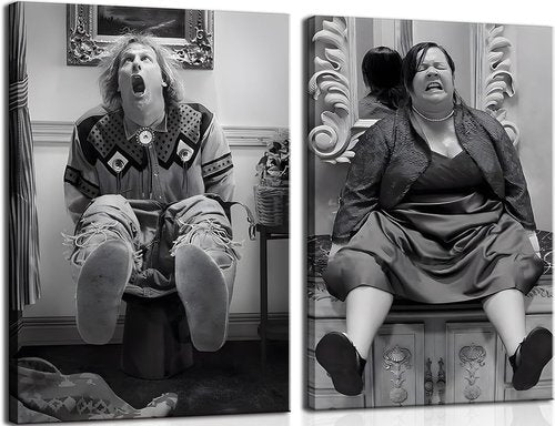 Funny Bathroom Wall Art Set by Vintage Humor | Black and White Dumb and Dumber Posters - Framed 16x24in