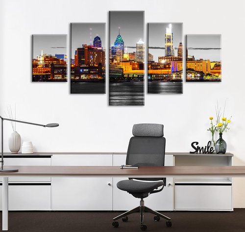 JiazuGo Philadelphia Skyline Wall Art for Living Room Wall Decor Black and White Night Scene Canvas Poster Decorations Office Bedroom Artwork 60" W×32" H