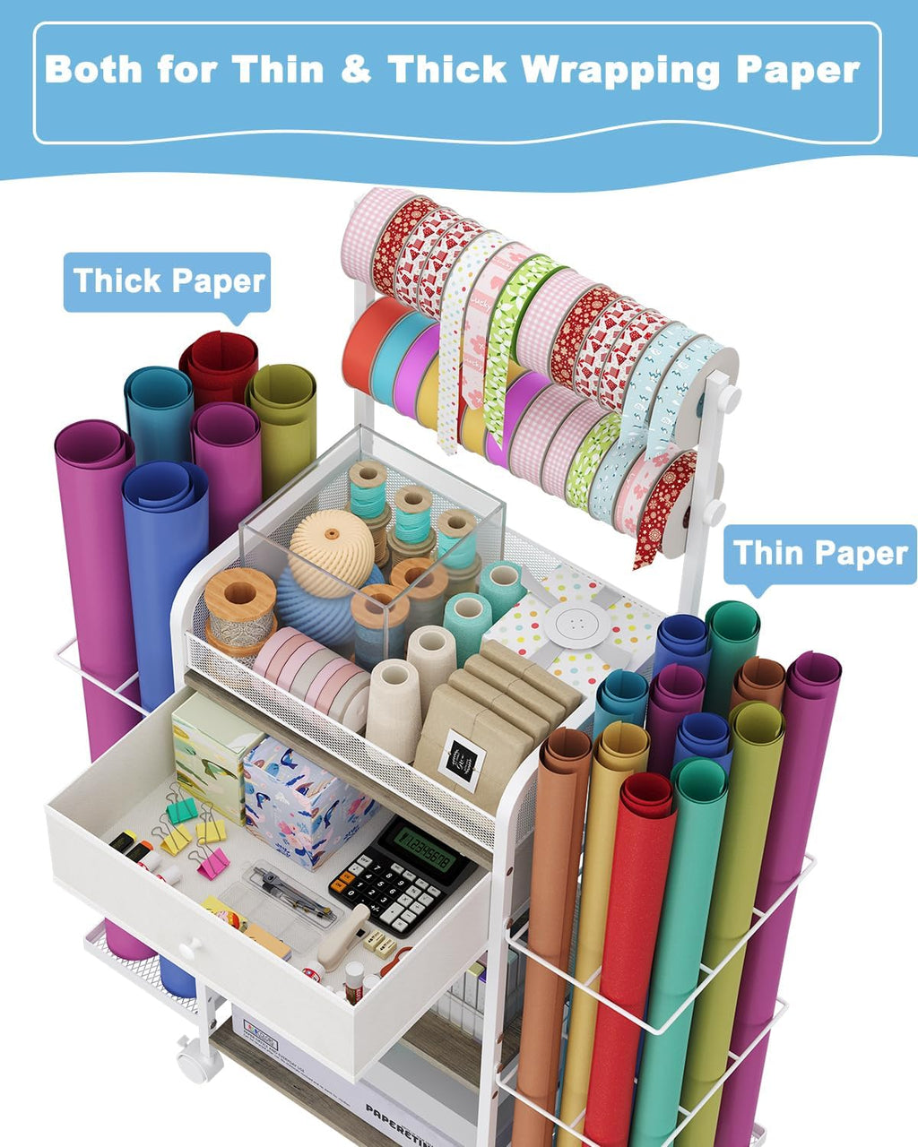 Rsaayekkt Wrapping Paper Storage Cart - Rolling Gift Wrap Station with Fabric Drawer & Ribbon Holder