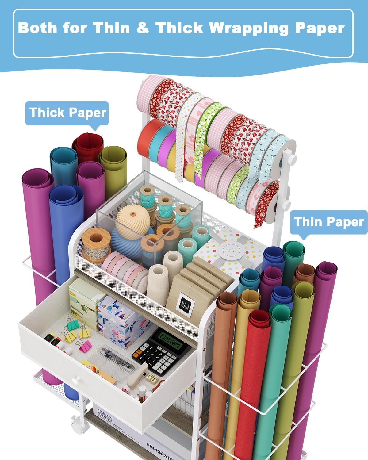 Rsaayekkt Wrapping Paper Storage Cart - Rolling Gift Wrap Station with Fabric Drawer & Ribbon Holder
