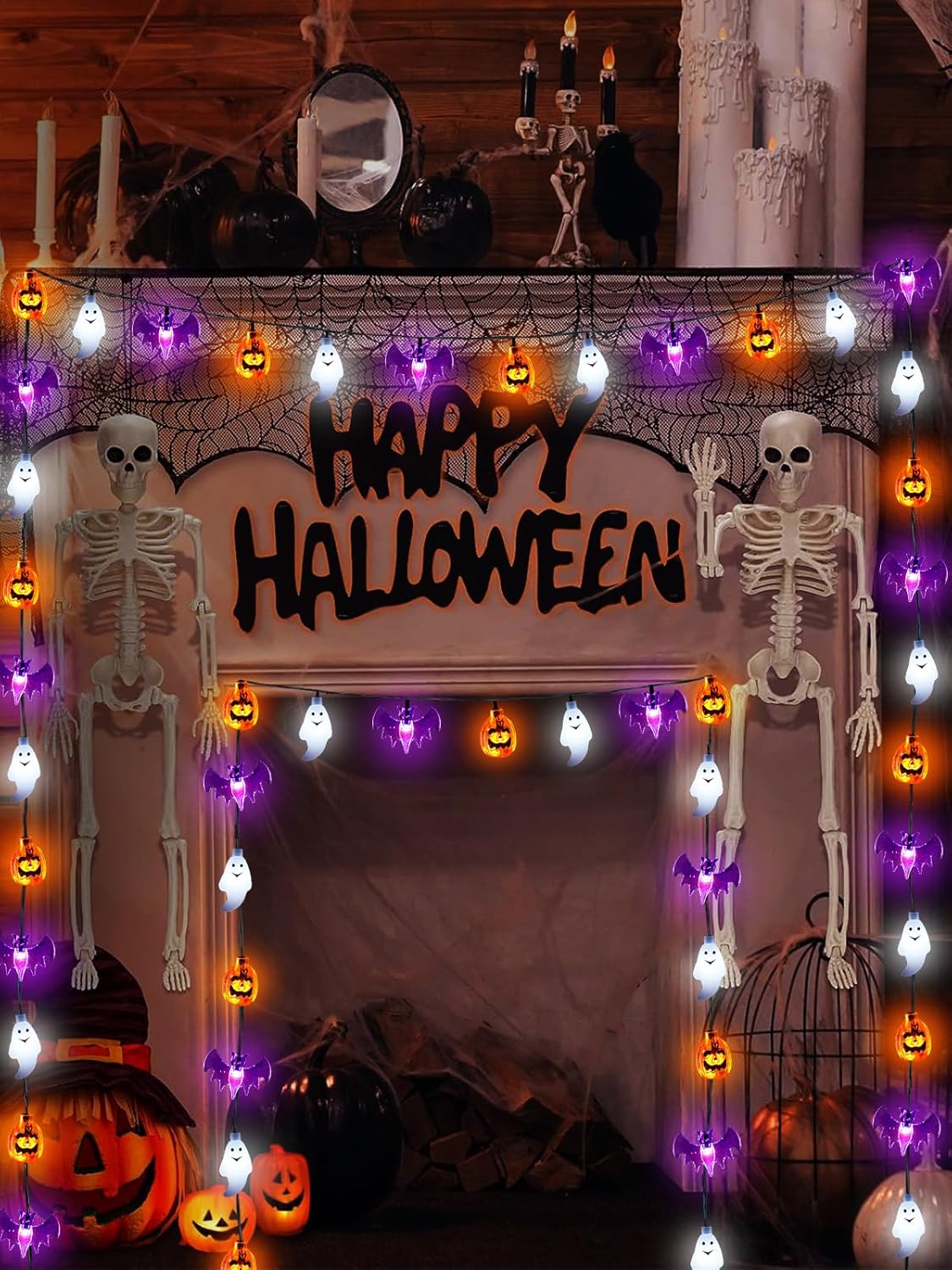 Skiennix Halloween String Lights - 30 LED 3D Pumpkin, Bat & Ghost Fairy Lights | Waterproof, Remote & Timer