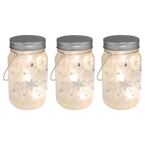 LumaBase Battery Operated Silver Snowflake Glass Mason Jars - Set of 3