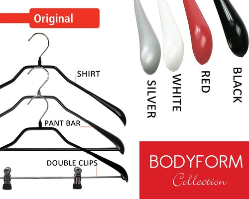 Mawa by Reston Lloyd BodyForm Series Non-Slip Space Saving Clothes Hanger with 2 Clips for Pants or Skirts, Style 42/LK, Set of 5, Black