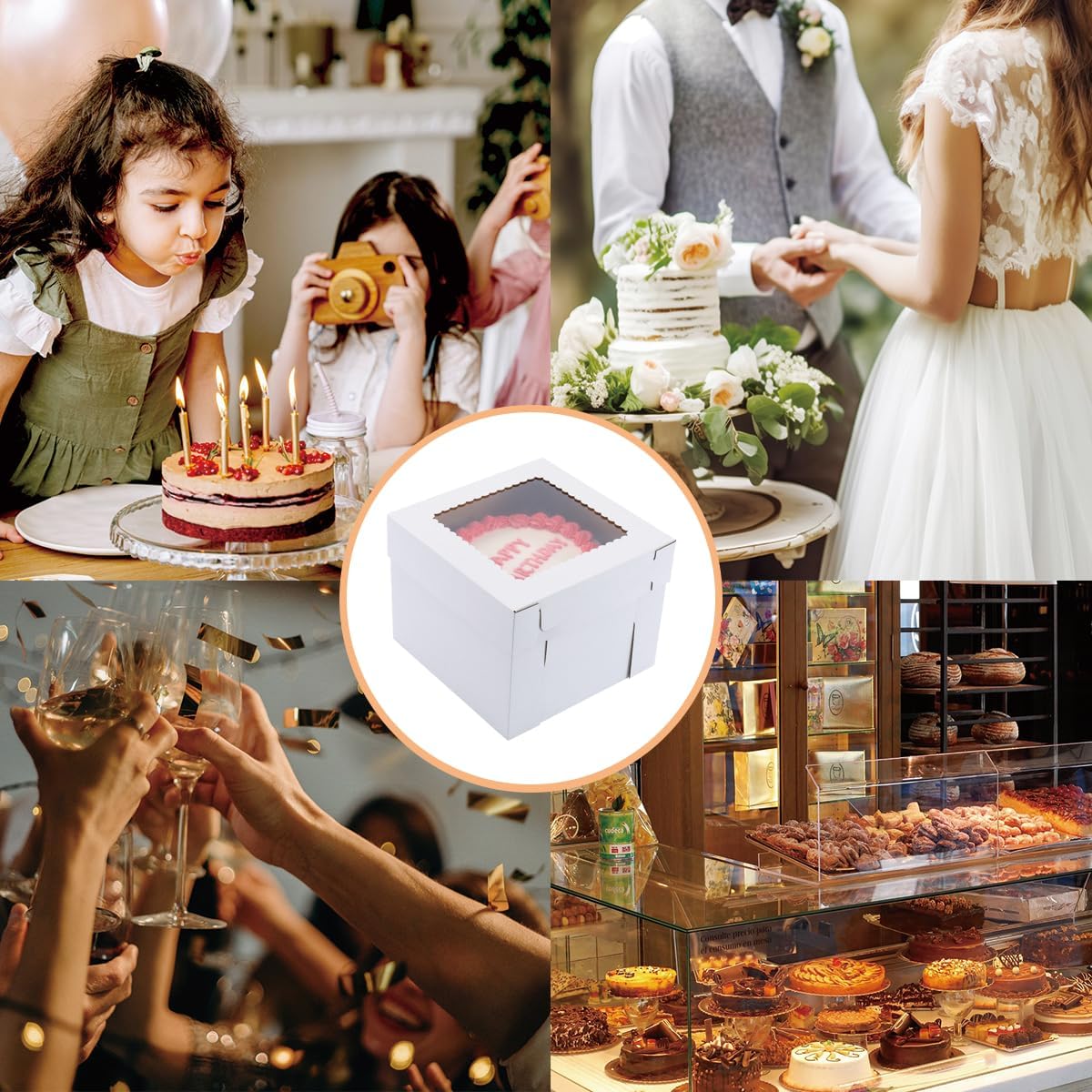 Skiennix Tall Cake Boxes - Sturdy 14x14x12 Inch Wedding Cake Carrier | 2 Pack with Window