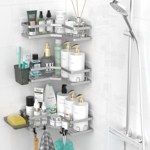 **AKTECKE Corner Shower Caddy | Adhesive Bathroom Organizer - Rustproof Stainless Steel - 3-Pack**