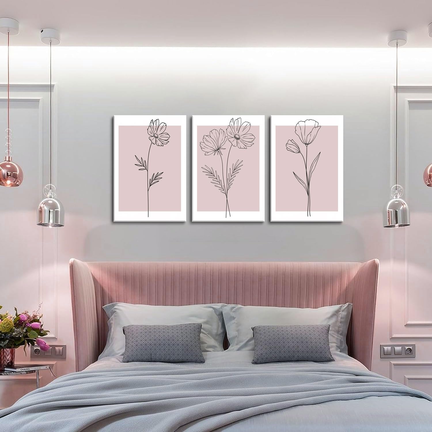 Pink Flower Market Wall Art Set of 3 - Aesthetic Canvas Prints for Bedroom & Girls' Room | Framed 12x16 Inch