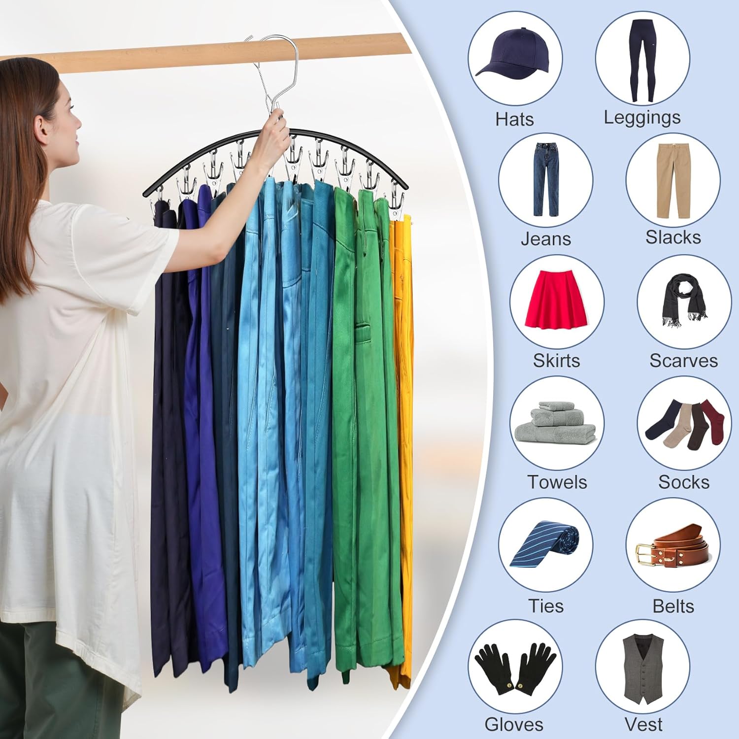 Skiennix 3-Pack Skirt Pants Hangers - Space-Saving Closet Organizer with 10 Clips for Leggings & Shorts | Black