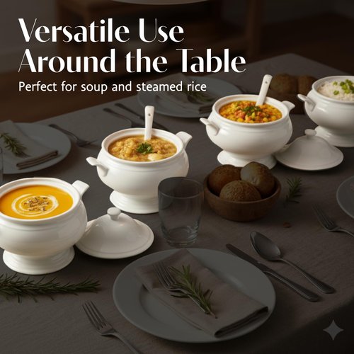 BIA Cordon Bleu Soup Tureen Set, White Porcelain 3-Piece - 3.5 Qt Bowl with Lid & 10" Ladle, Sturdy Handle, Microwaveable Elegant Dinnerware for Serving Soup, Stews, Desserts - Great for Holidays
