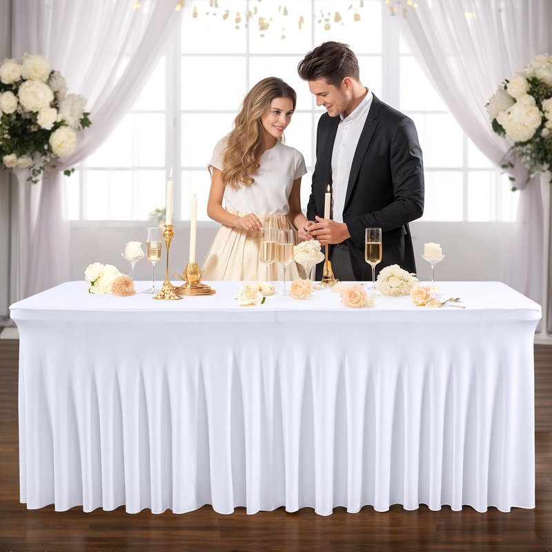 PARTISKY 4 Pack White Spandex Table Cloths for Rectangle Tables 8ft, White Table Skirt for Party, Table Cover with Skirt for Wedding Folding Table Banquet Baby Shower & Birthday Parties