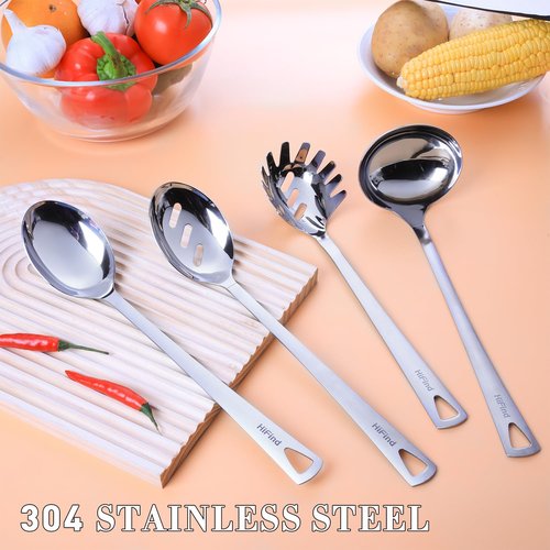 HIFIND 4PCS Cooking Utensils Set, Stainless Steel Kitchen Utensils Set, Durable Kitchenware Set for Cooking, Utensils Set with Slotted Serving Spoon, Spaghetti Fork, Ladle, Solid Serving Spoon