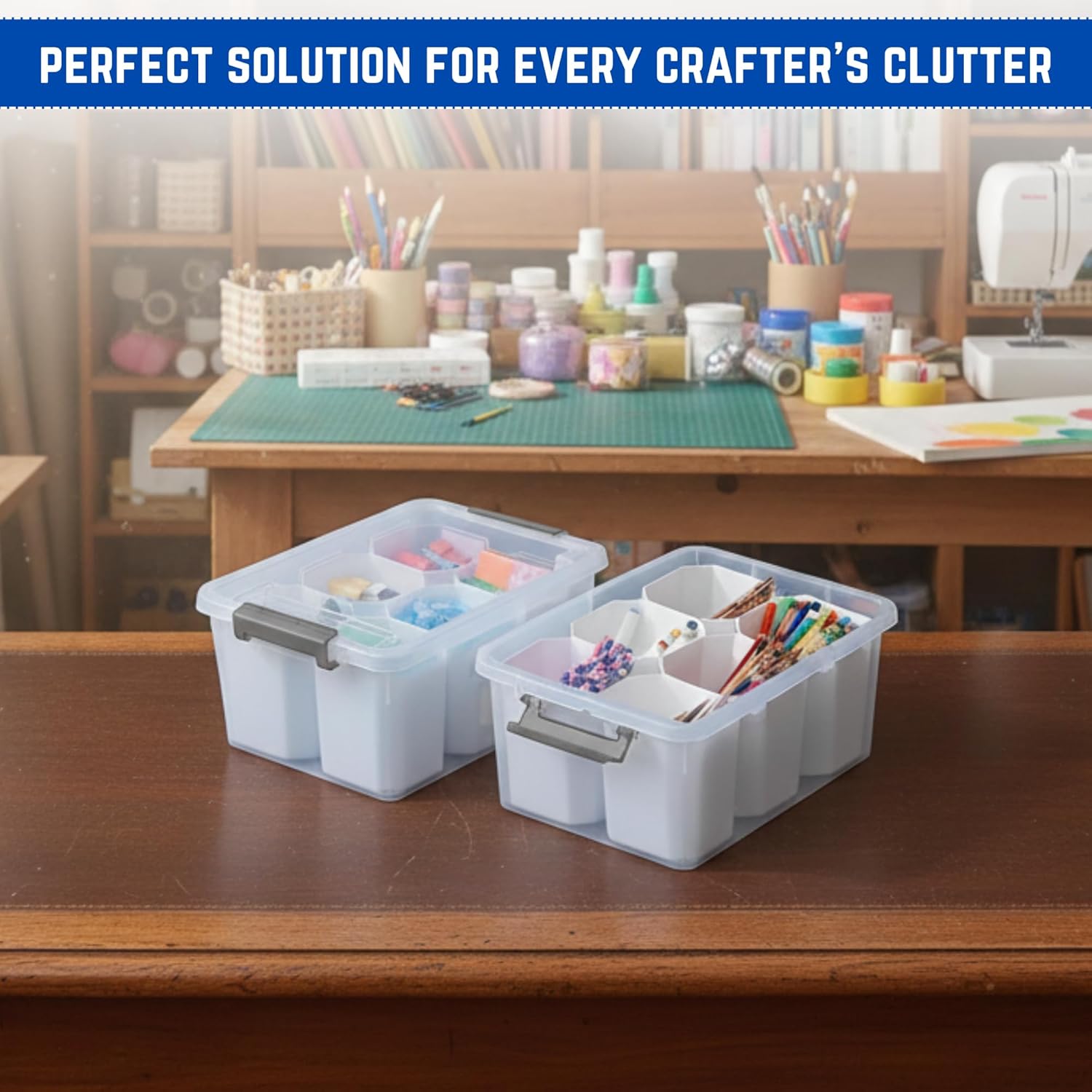 Trivon Plastic Storage Bins - Versatile 17 QT Clear Container with 6 Removable Inserts | White, 15.94x7.61x7.28 Inches