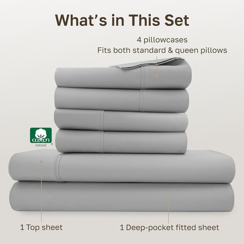 California Design Den Queen Size Sheet Set - 400 Thread Count 100% Cotton, Deep Pocket, Light Grey | 6-Pc with 4 Pillowcases