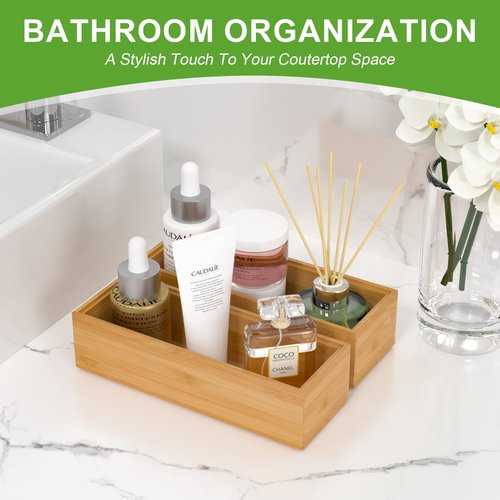 Lixple Bamboo Drawer Organizer – Set of 2 Stackable Storage Boxes, Silverware Tray & Small Gadget Holder for Kitchen Drawers, 9" x 3" x 2" (Outer), 8.3" x 2.3" x 1.77" (Inner)
