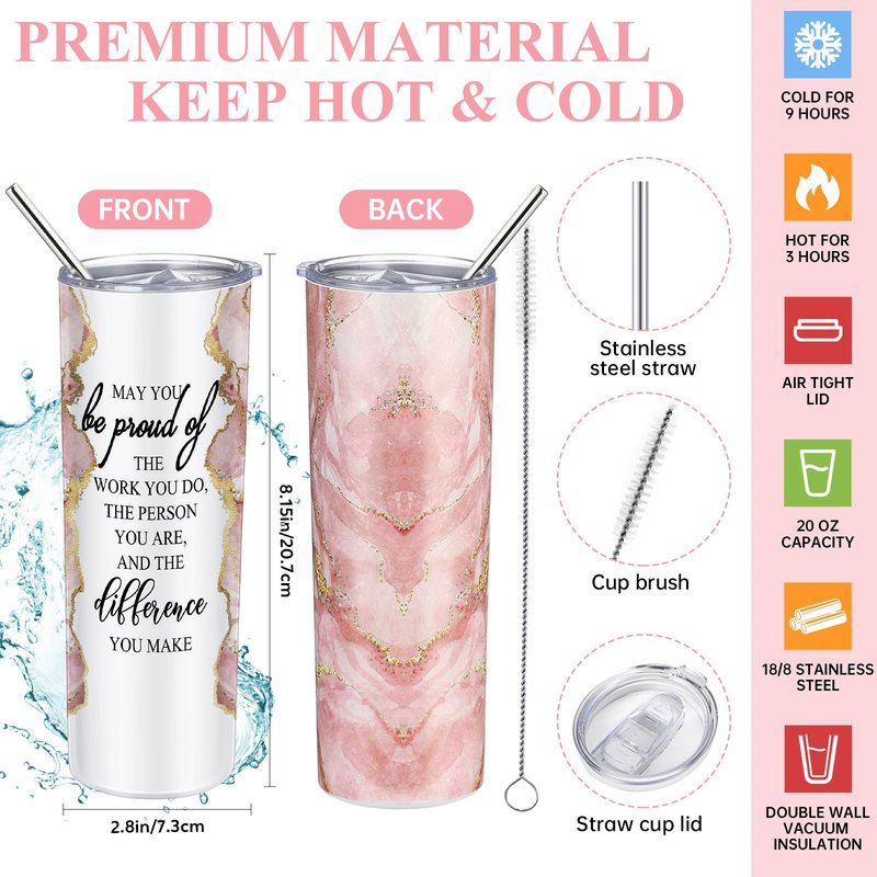 Domensi 6 Pcs Employee Appreciation Gift for Women Teacher Nurse Week Thank You Gift May You Be Proud 20 oz Rustic Marble Sign Tumbler Makeup Bag Journal for Graduation Work Business(Pink)