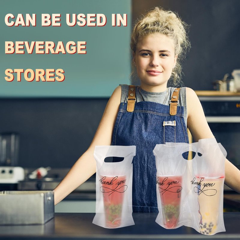 MJOGGOTT 500 Pack Clear Plastic Drinking Bags, Cup Carrier with Handle, Thank You Disposable Cup Holder for Drinks Beverage, Coffee, Juice, Stores, Bar Restaurant Take Out, Hold 1 and 2 Cups