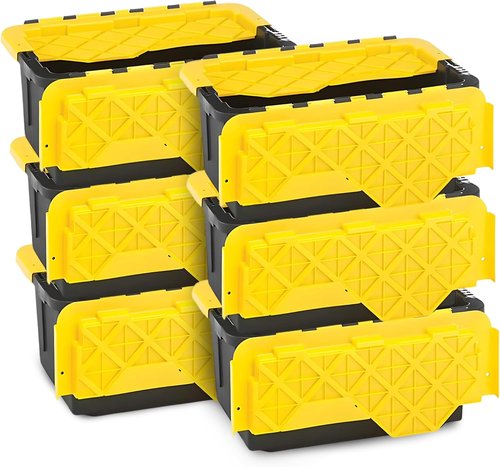 HOMZ 6-Pack Durabilt Tote - Heavy Duty 15 Gallon Plastic Storage Bins with Lids | Black/Yellow Stackable Organizers