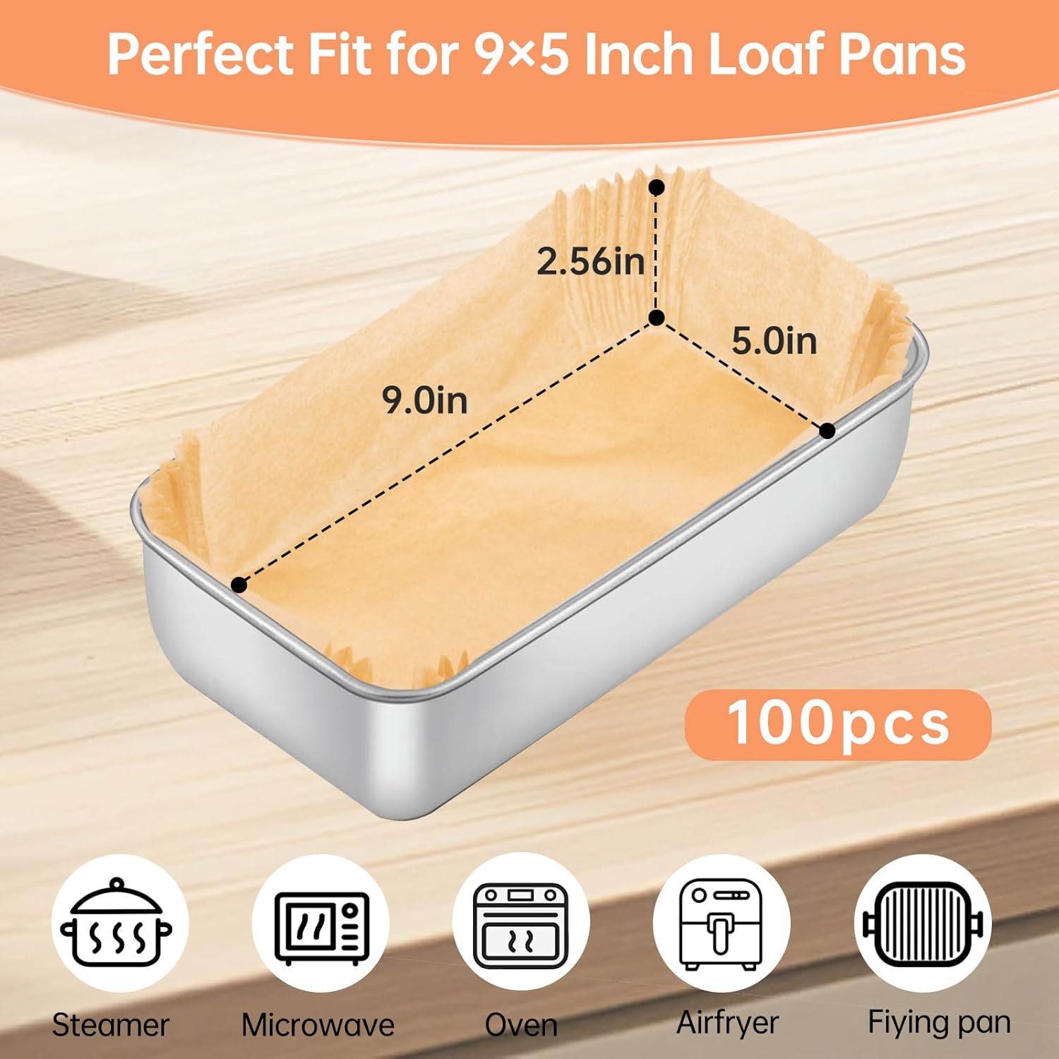 Skiennix 100 Pcs Loaf Pan Liners - Non-Stick Pre-Formed Parchment Paper for 9x5 Inch Bread Pans