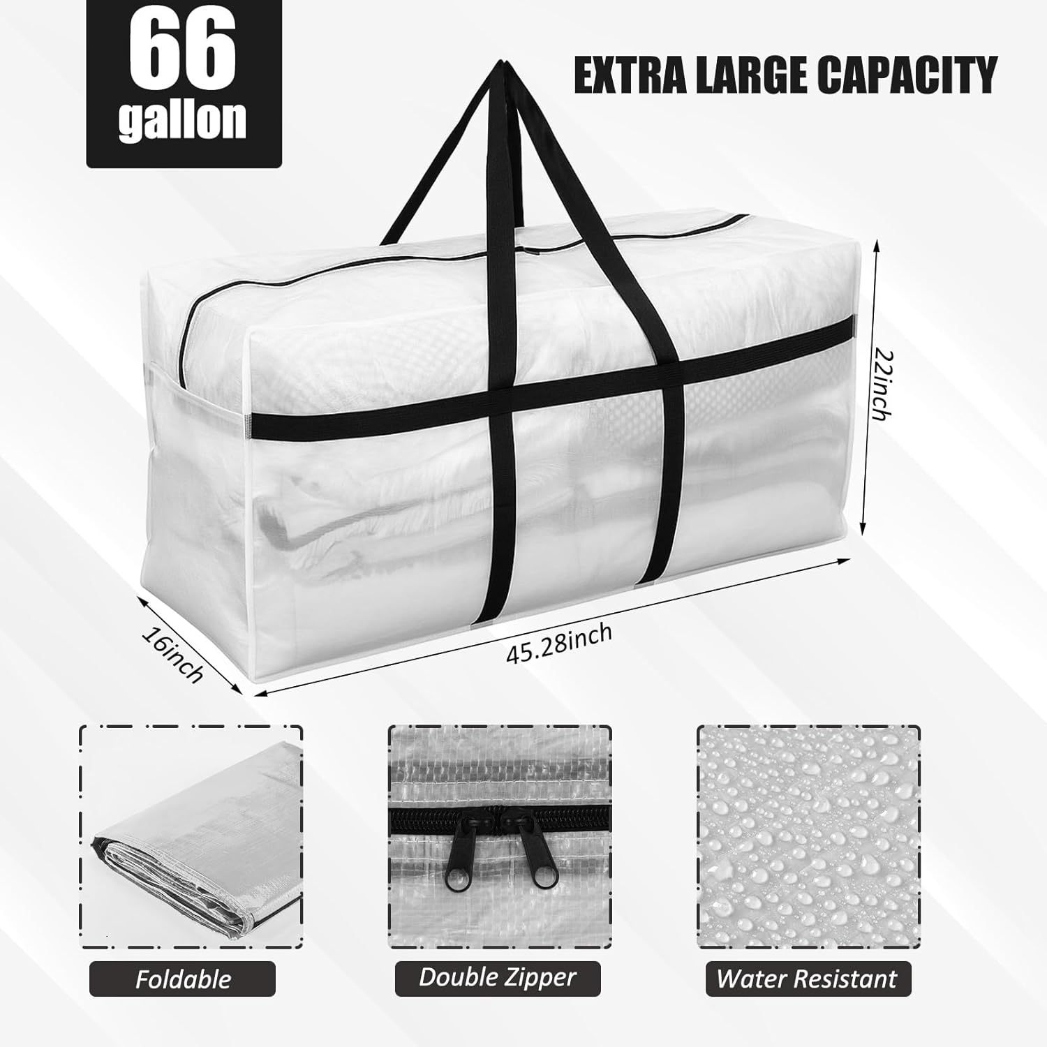 Skiennix 66 Gallon Extra Large Heavy-Duty Moving Bags - Foldable Jumbo Storage Tote with Strong Zipper Handle (Clear)