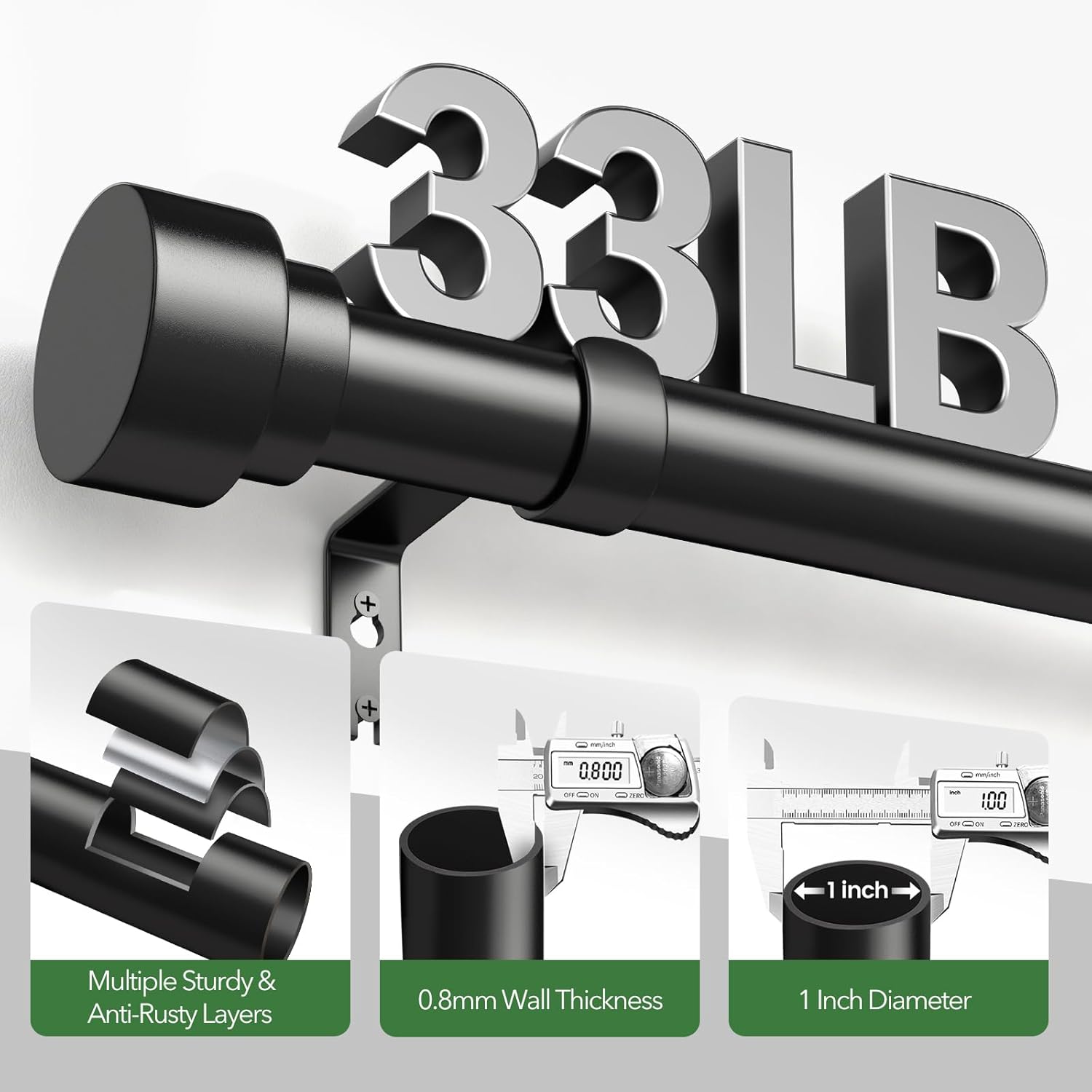 Time Forest Black Curtain Rods - Adjustable 32 to 120 Inch Heavy Duty, Modern Style for Indoor/Outdoor Use