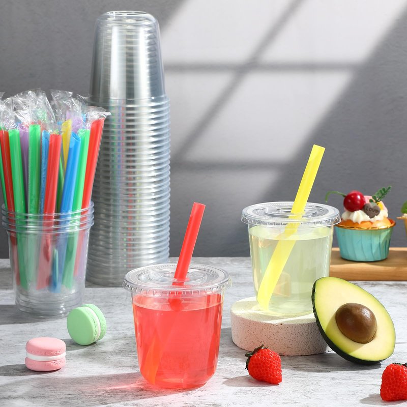 Ziliny 50 Sets Clear Cups with Lids and Jumbo Smoothie Straws Disposable Plastic Cups for Smoothies, Bubble Milk Tea, Milkshakes, Cold Drinks (12 oz)
