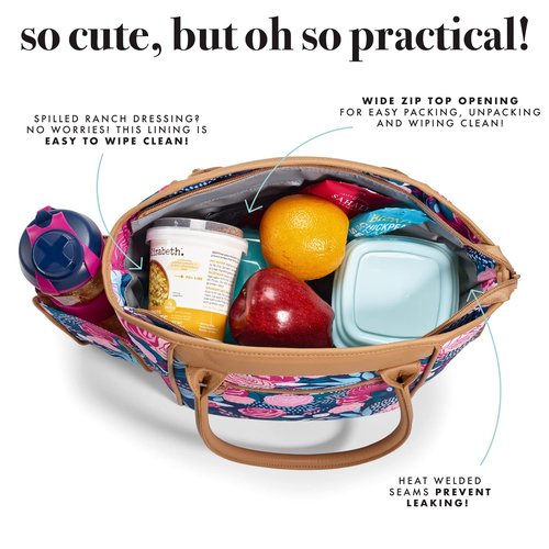 Fit & Fresh Beechwood Large Lunch Bag For Women With Side Pouches & Carry Handles, Complete Lunch Kit Includes Matching Shaker Bottle, Navy Lorella Posey