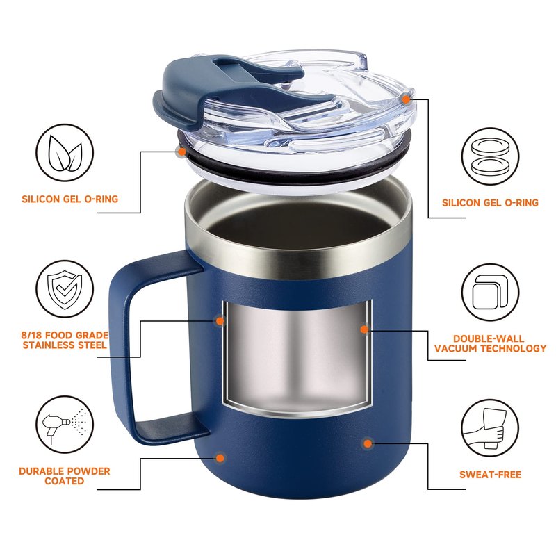 ALOUFEA 12oz Stainless Steel Insulated Coffee Mug with Handle, Double Wall Vacuum Tumbler Cup with Fliping Lid, Navy, 4 Pack