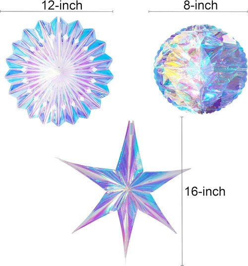 GREATRIL Iridescent Party Decorations - 3 PCS Honeycomb Balls, Paper Fans & Stars for Themed Events