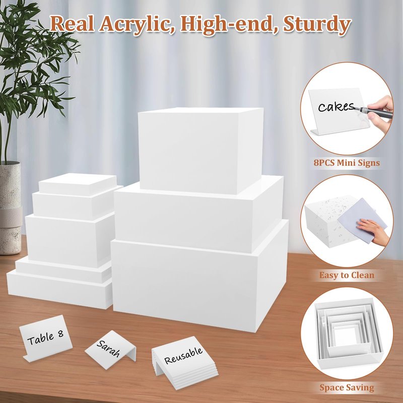 SUNEZLGO 8PCS Buffet Risers, Acrylic Large Food Risers with Mini Signs, Buffet Table Acrylic Cube Display Stands Box Risers for Party Catering Dessert Jewelry Nesting Risers with Hollow Bottom White