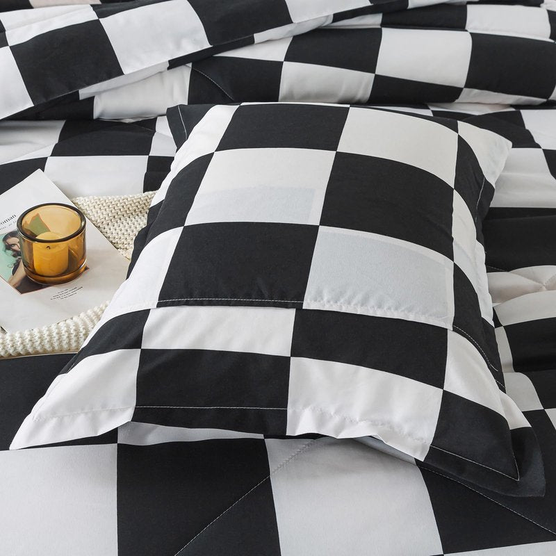 Caressma Comforter Set Black White Plaid King Size (104x90 Inch), 3 Pieces Checkered Grid Comforter Bedding Set, Buffalo Plaid Fluffy Home Decor for All Seasons