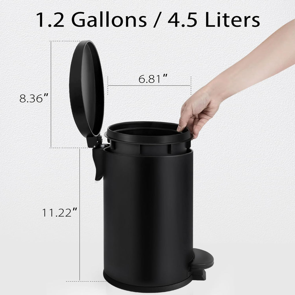 TIPGO Small Black Trash Can - 1.2 Gallon Stainless Steel Wastebasket with Lid for Bathroom & Office | Matte Black
