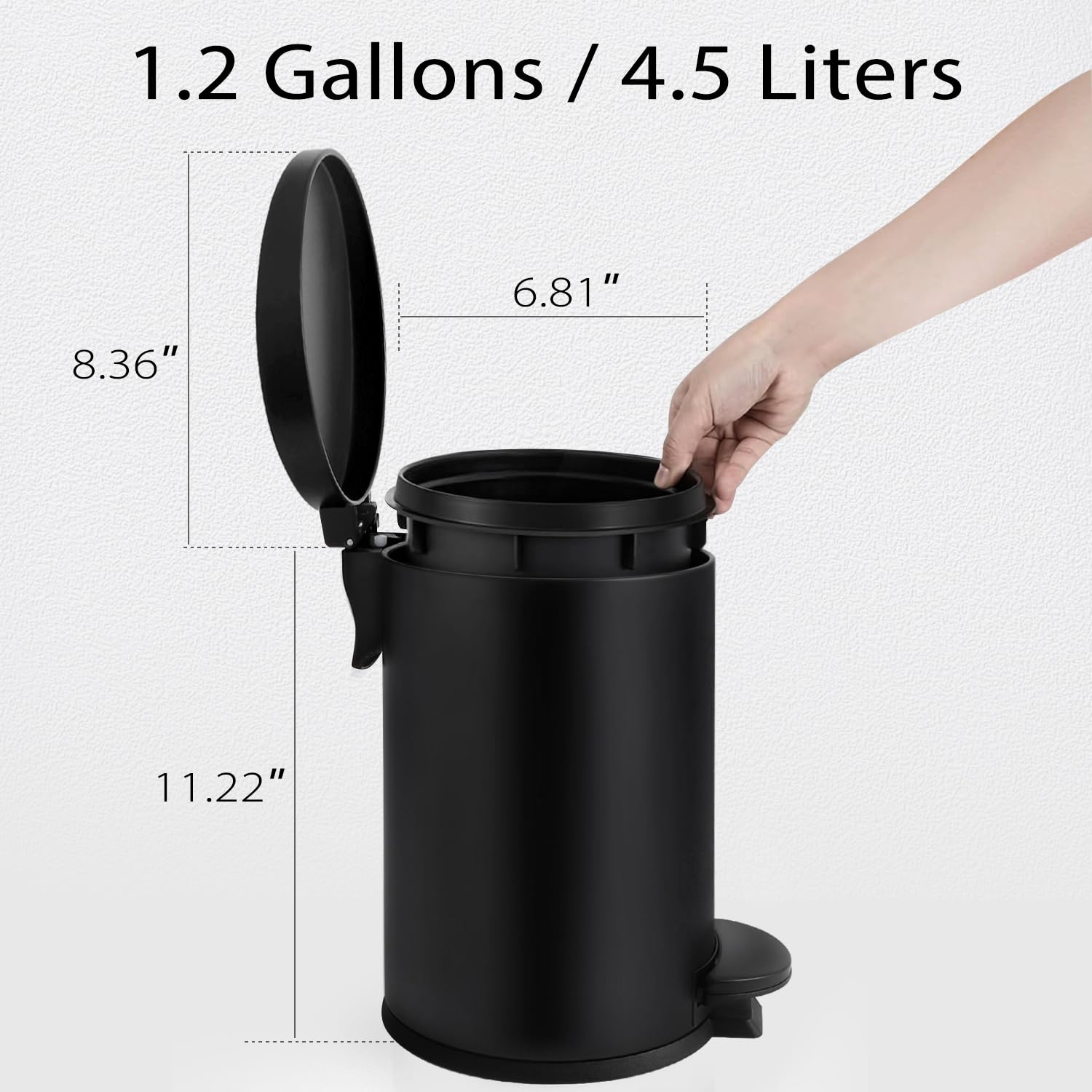 TIPGO Small Black Trash Can - 1.2 Gallon Stainless Steel Wastebasket with Lid for Bathroom & Office | Matte Black
