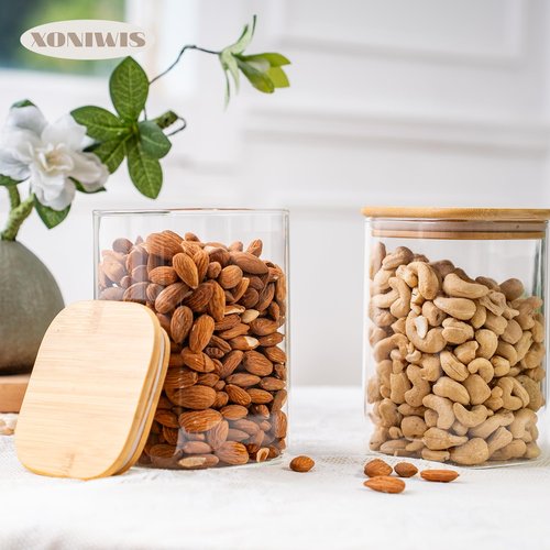 Xoniwis 51oz 3PCS Glass Storage Container with Wood Lid for Kitchen Organization, Food Storage Pantry Jar with Airtight Lids for Cereal, Oat, Pasta, Flour, Rice, Sugar, Tea, Coffee, Cookie, Candy